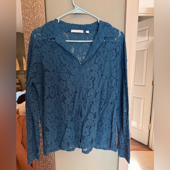Notations Teal Lace Button Down Shirt - Picture 2 of 5